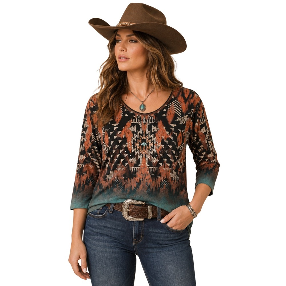 Cactus Bay Apparel Southwestern Ombre Rhinestone 3/4 Sleeve Top Womens Small USA